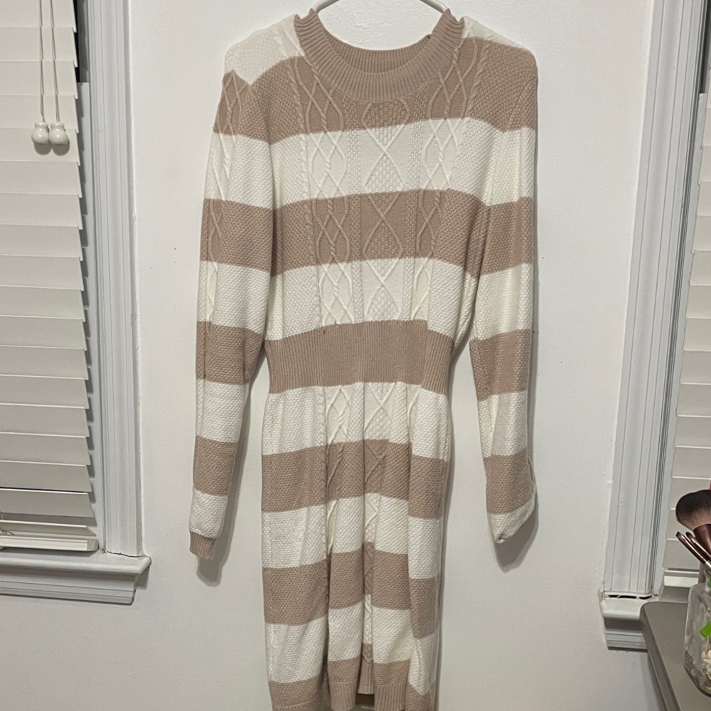 Lucky Brand Striped Cream and Tan Long Sleeve Dress